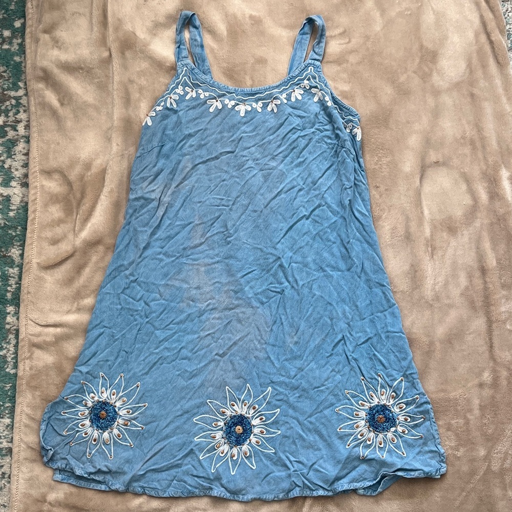 RAYA SUN Floral Sun Embroidered Blue Dress, BOHO, Whimsical, Cotton & Rayon